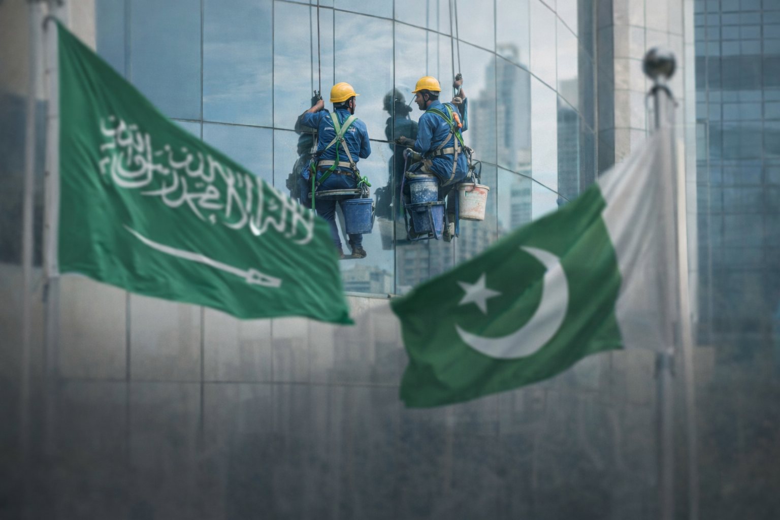 سعودی عرب میں رسیوں پر لٹکے مزدور، صرف شیشے نہیں خواب صاف کر رہے ہیں